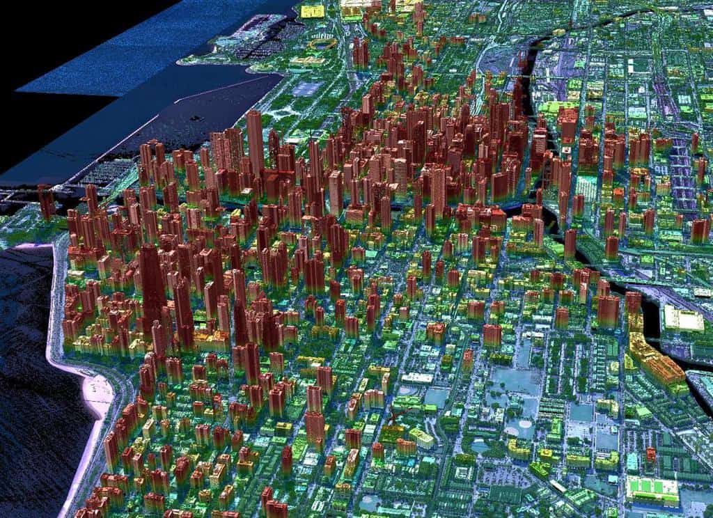 Geiger mode 3DEP lidar point cloud over Chicago, IL from 3DEP Project USGS Lidar Point Cloud IL 4County Cook 2017. Image: Jason Stoker. USGS, Public domain.