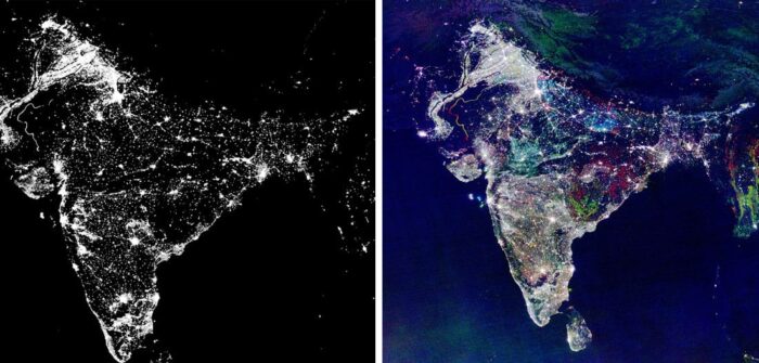 The image of India on the right is an example of misappropriation of satellite imagery. The image was created from the satellite imagery on the left which shows night lights in India taken in 2003. NOAA manipulated the image to be an RGB Composite of Nighttime Lights Change with red representing 2003 and green representing 1992. The image has since made the rounds periodically on social media purporting to be an image of India on Diwali night.