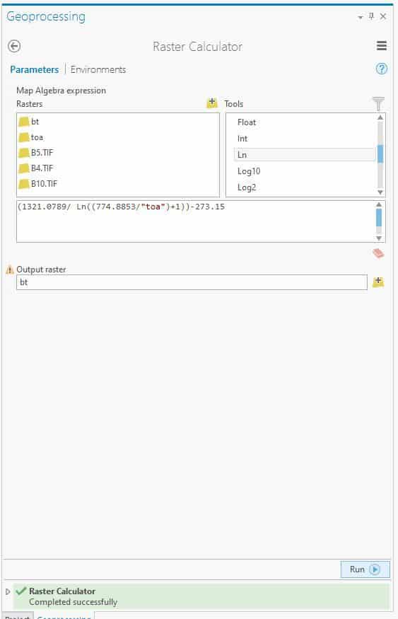 Figure 6: Illustration of Calculation of "Brightness Temperature" in ArcGIS Pro.