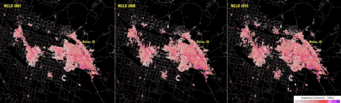 This image provided by the USGS compares impervious surfaces in Boise, Idaho in 2001, 2008, and 2019.