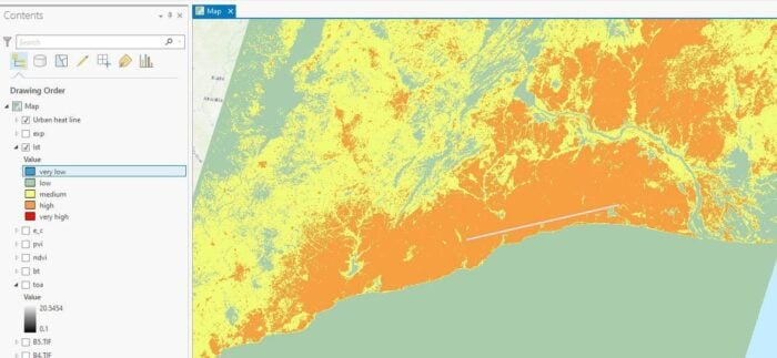 Figure 10: Illustration of Urban Heat Line on LST in ArcGIS Pro.