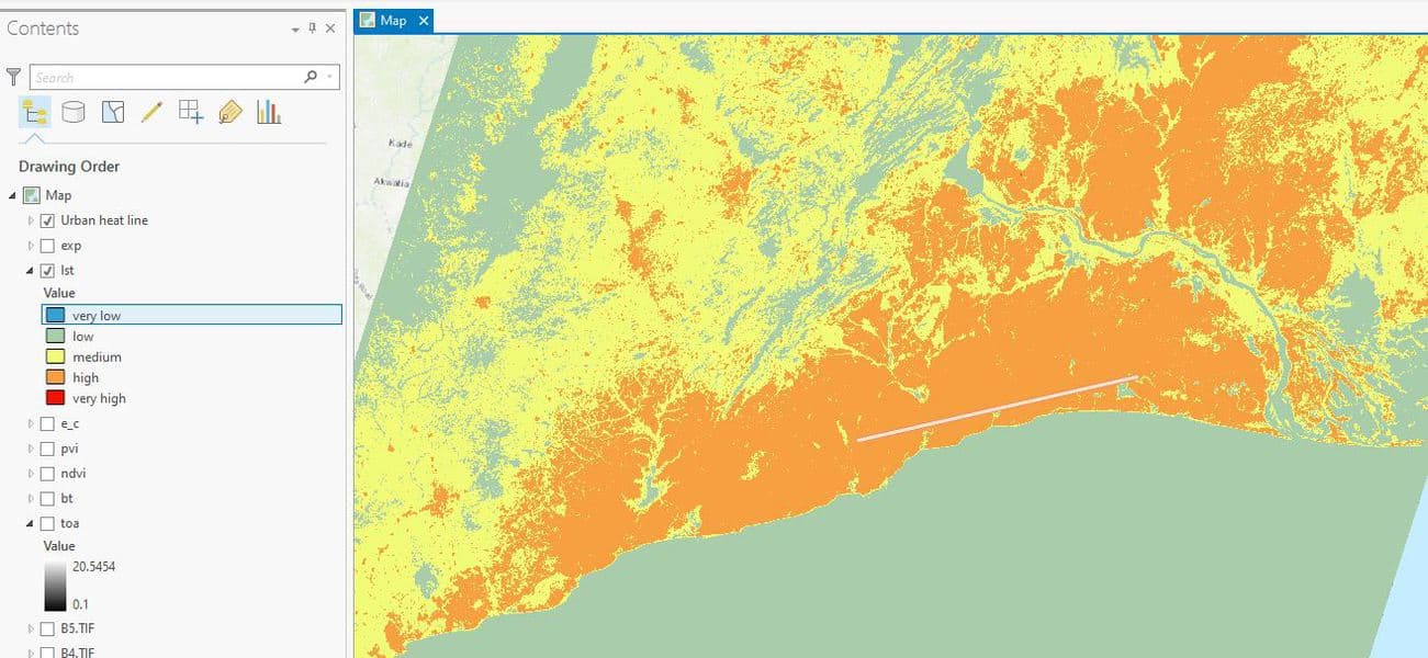 Figure 10: Illustration of Urban Heat Line on LST in ArcGIS Pro.