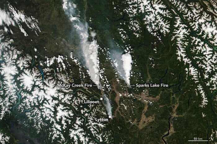 Satellite image showing the McKay Creek fire (left) and the Sparks Lake fire (right) on June 20, 2021 in British Columbia, Canada.