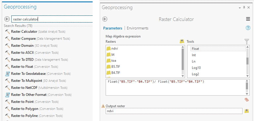 Figure 4: Screenshots of "Raster Calculator" and NDVI in ArcGIS Pro.