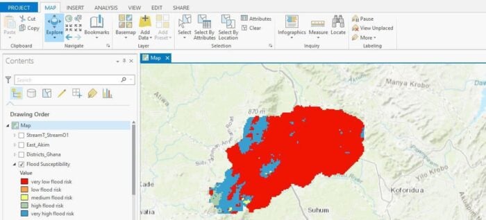 Flood risk map of East Akim District in Ghana.