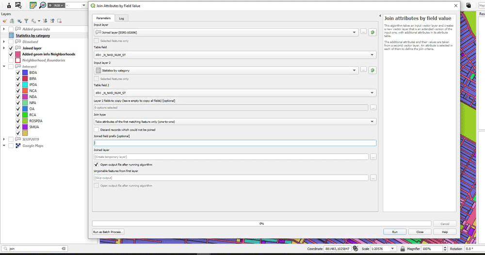 Screenshot showing joining by new layers in QGIS.