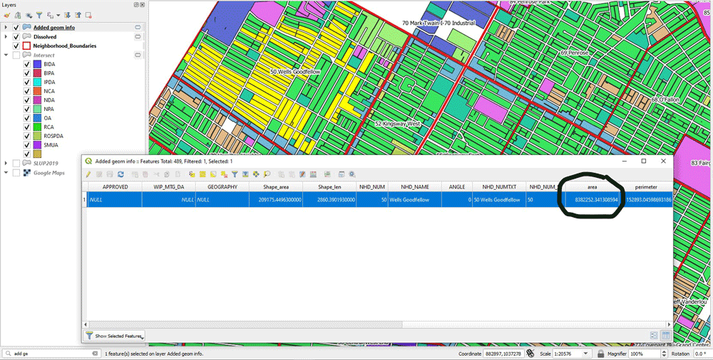 Screenshot showing the results in QGIS of the add geometry tool.