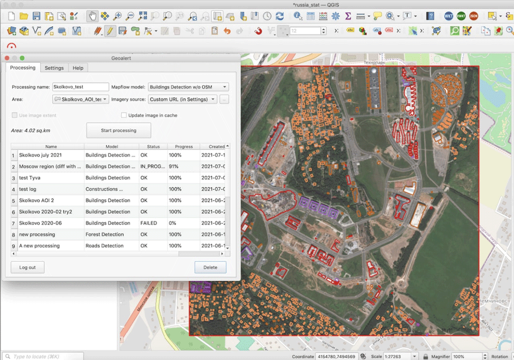 Screenshot showing building detection using MapFlow in QGIS.
