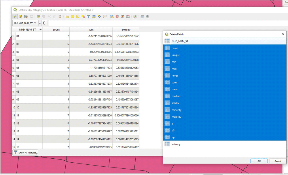 Screenshot showing deleting fields in QGIS.