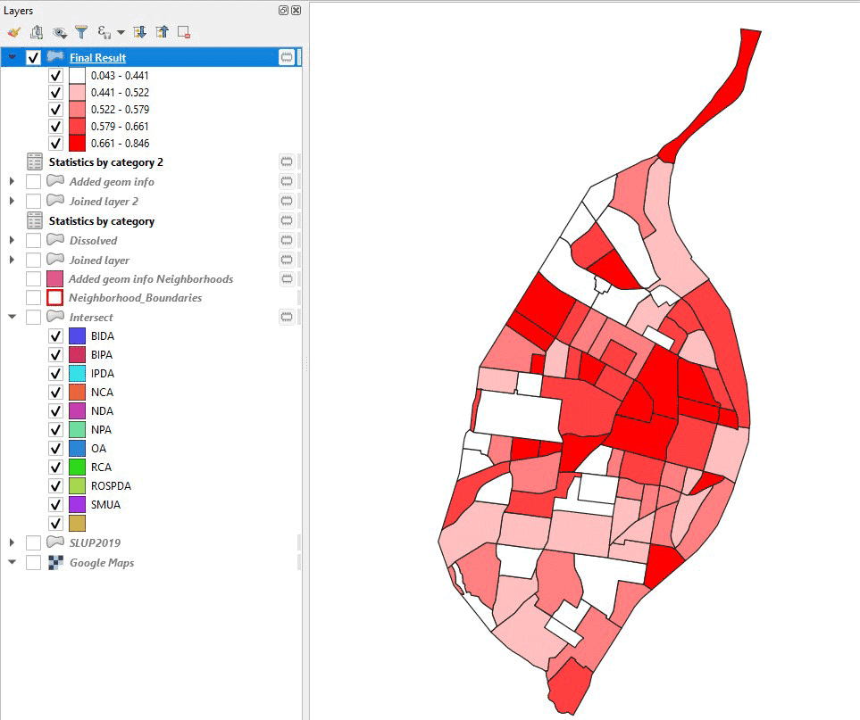 Map in QGIS showing which neighborhoods have the highest entropy