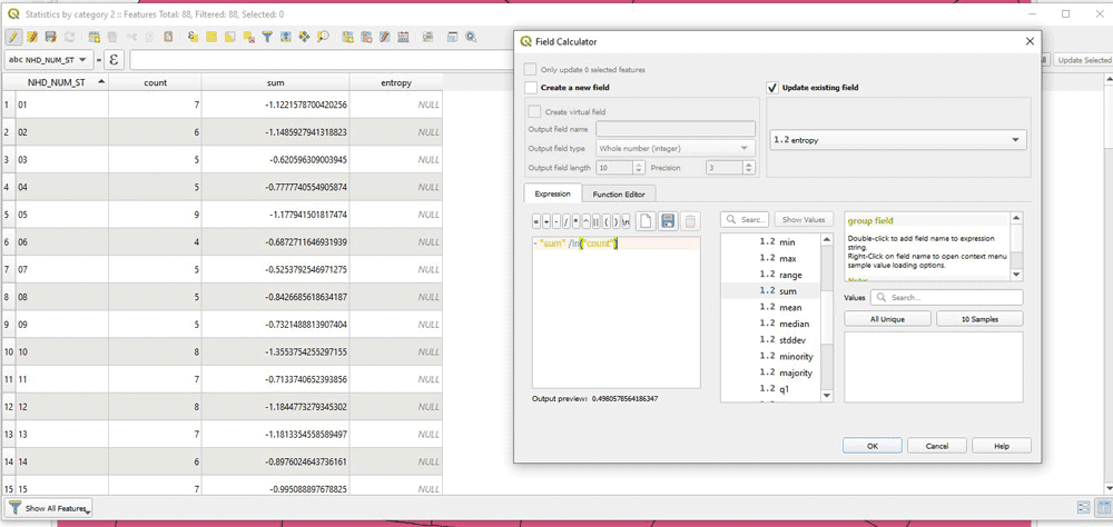 Screenshot showing the field calculator in QGIS.
