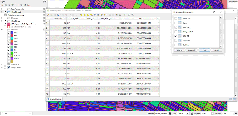 Screenshot showing how to use Use Organize Columns in the attribute table to keep only the desired columns.