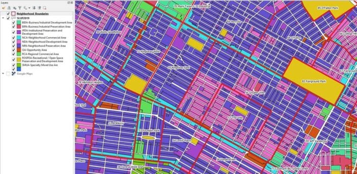 Map showing calculations of land use in a GIS software program.