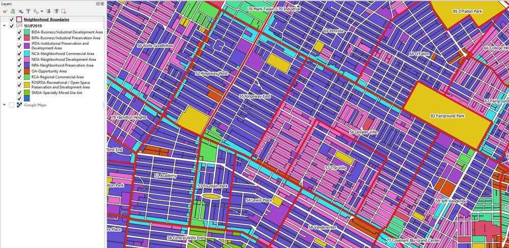 Map showing calculations of land use in a GIS software program.