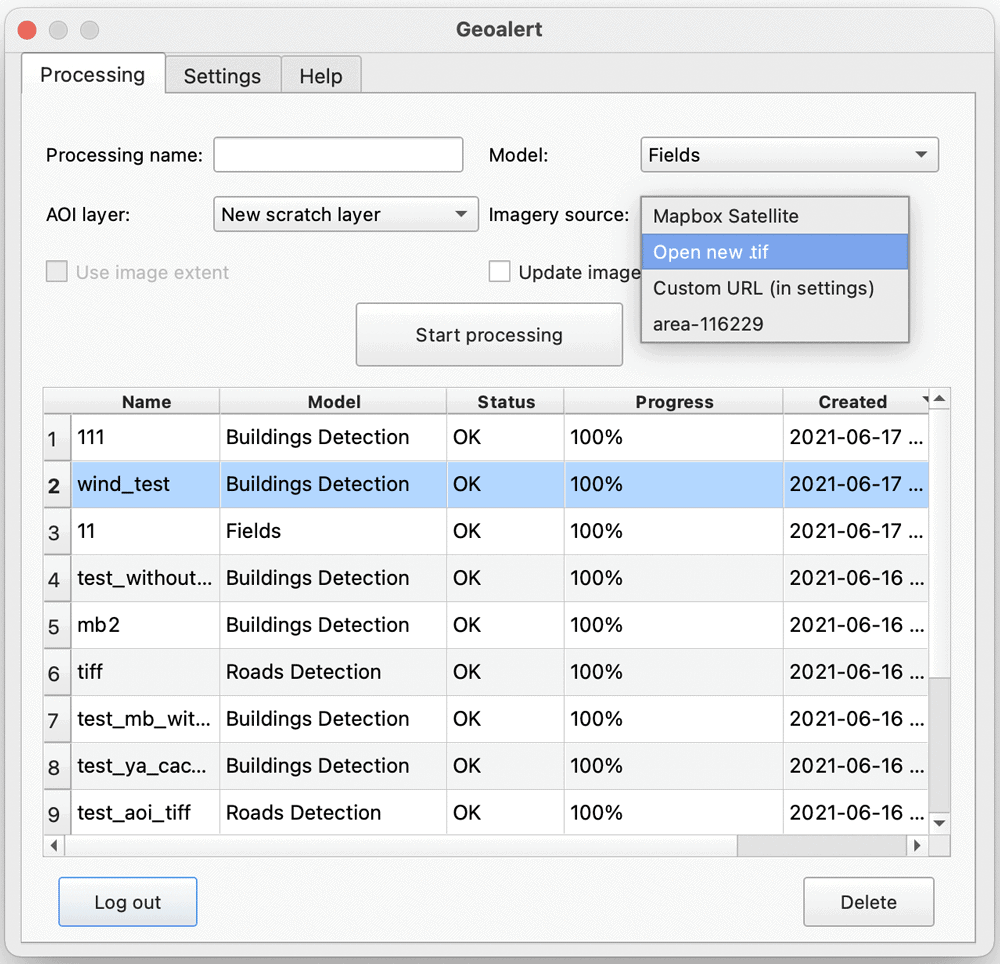 Mapflow-QGIS — Processing tab.