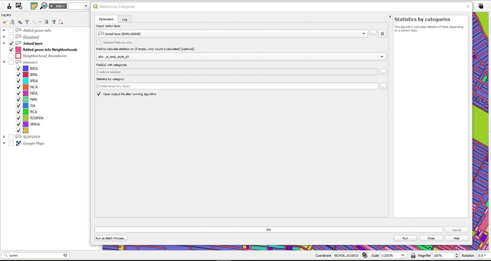 Screenshot showing the QGIS Statistics by Categories tool.