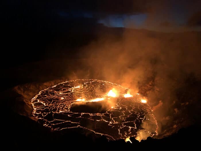 The eruption within Halema'uma'u, at Kīlauea summit within Hawai'i Volcanoes National Park. Photo: USGS web cam, public domain.