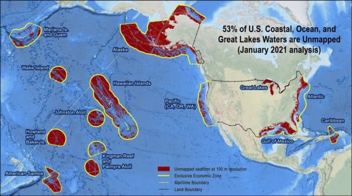 The current US Exclusive Economic Zone is delineated by yellow outlines. As of January 2021, 53 percent of the United States' ocean, coastal, and Great Lakes waterways were unmapped. Map: NOAA Integrated Ocean and Coastal Mapping.