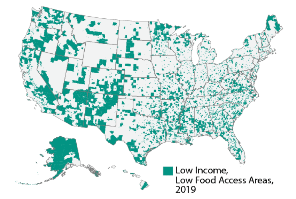 A small scale map showing Low-Income, Low-Access Areas, 2019.