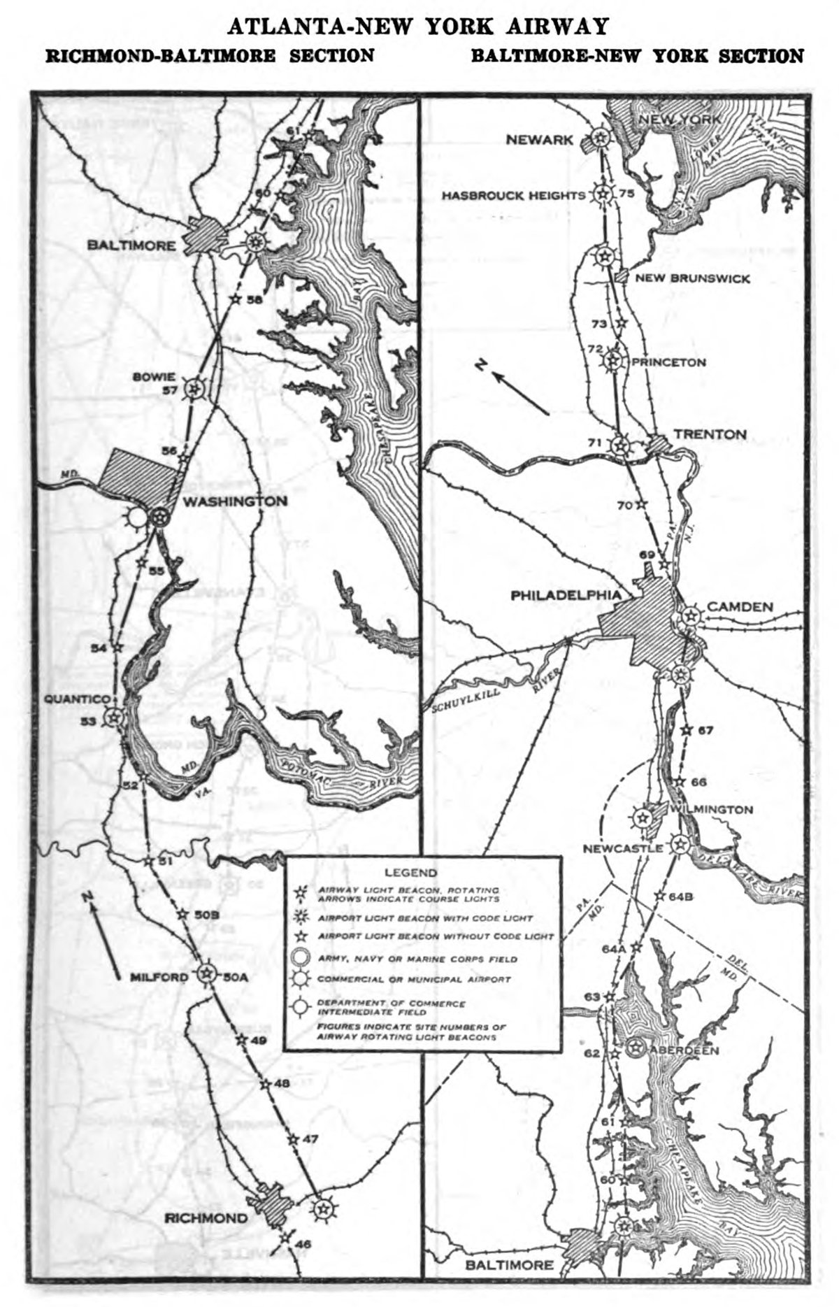 Black and white map showing the airway route with beacons between Atlanta and New York City.