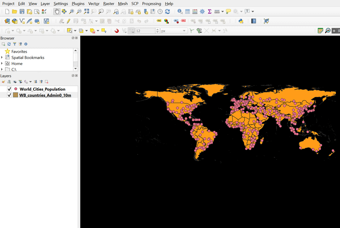A QGIS project with the map background set to black.