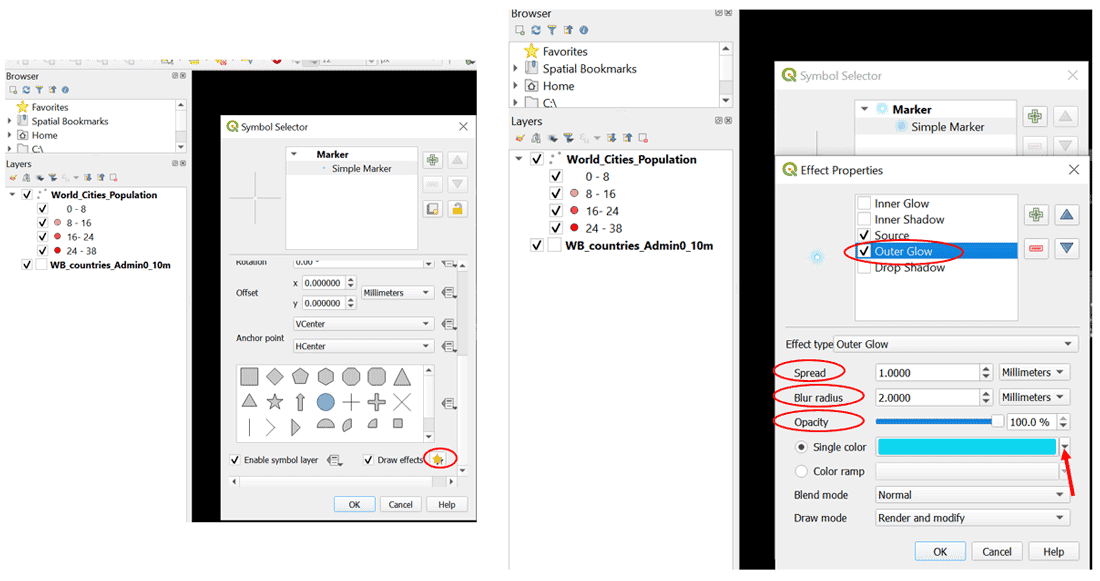 Screenshot showing how to implement draw effects in QGIS.