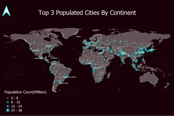 A firefly map showing world population by cities using QGIS.