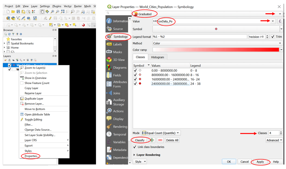 Screenshot showing how to create graduate symbols in QGIS.