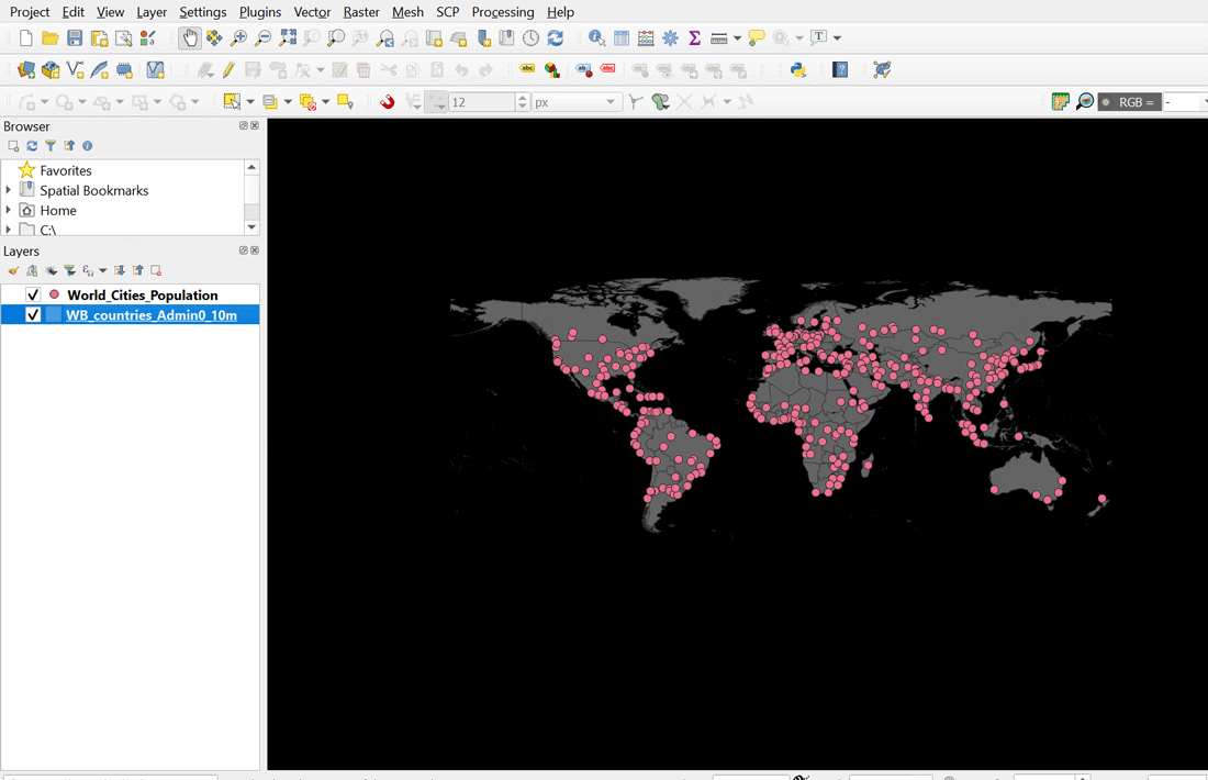 Screenshot from QGIS with a country GIS data set set to white against a black background.