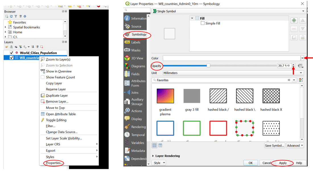 Screenshot from QGIS showing how to set the style of a layer to white.