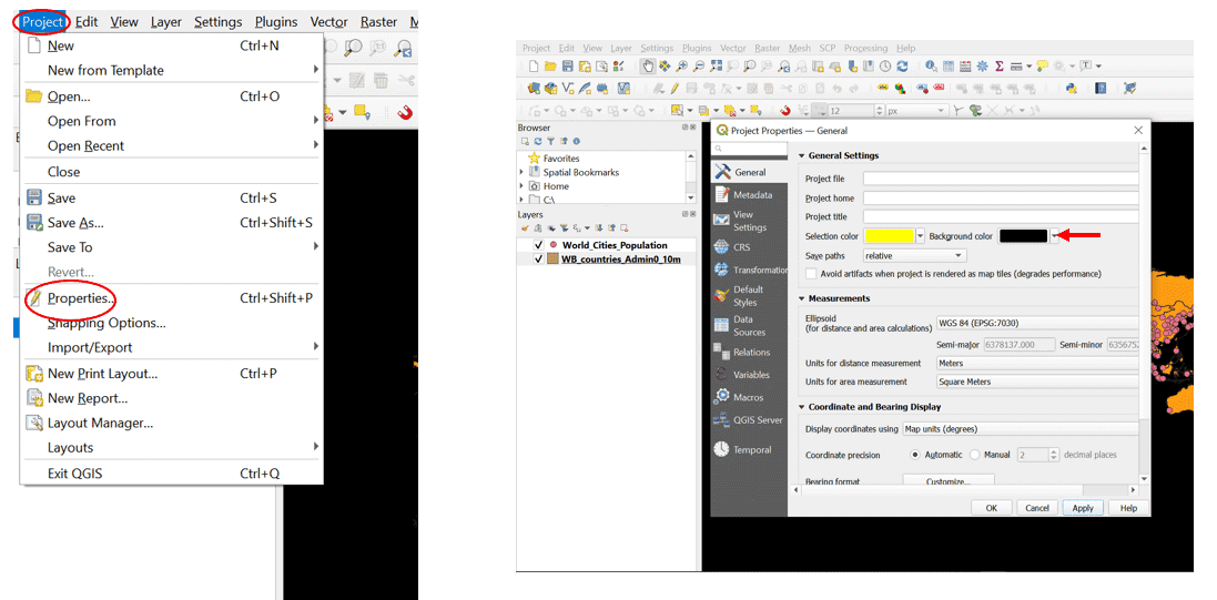 Select properties from the Project menu to set the background color to black in QGIS.