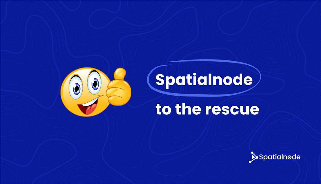 Banner with a medium blue background and a thumbs-up emoji that says "Spatialnode to the rescue".