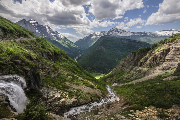 View of St. Mary Valley looking east from Logan Pass with Going-to-the-Sun road visible to the left.