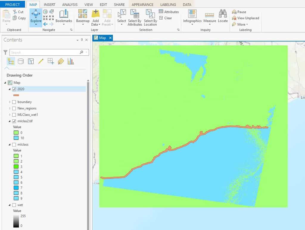 Map showing the delineated shoreline in ArcGIS Pro.