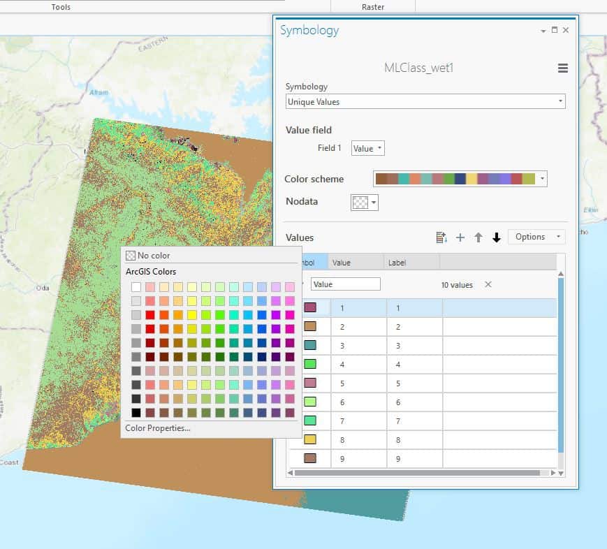 Screenshot showing the symbology GUI for changing the colors of the different land use categories in ArcGIS Pro.