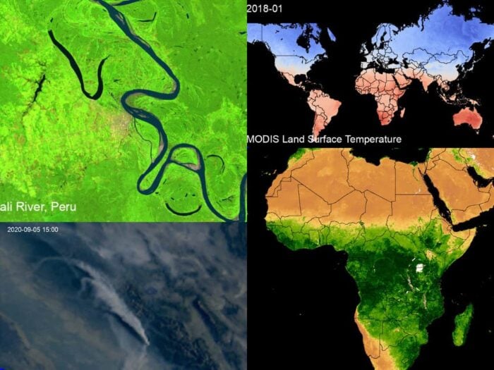 A collage of satellite imagery showing a river in Peru, global land surface temperatures, a cyclone over the Pacific Ocean, and vegetation across Africa.