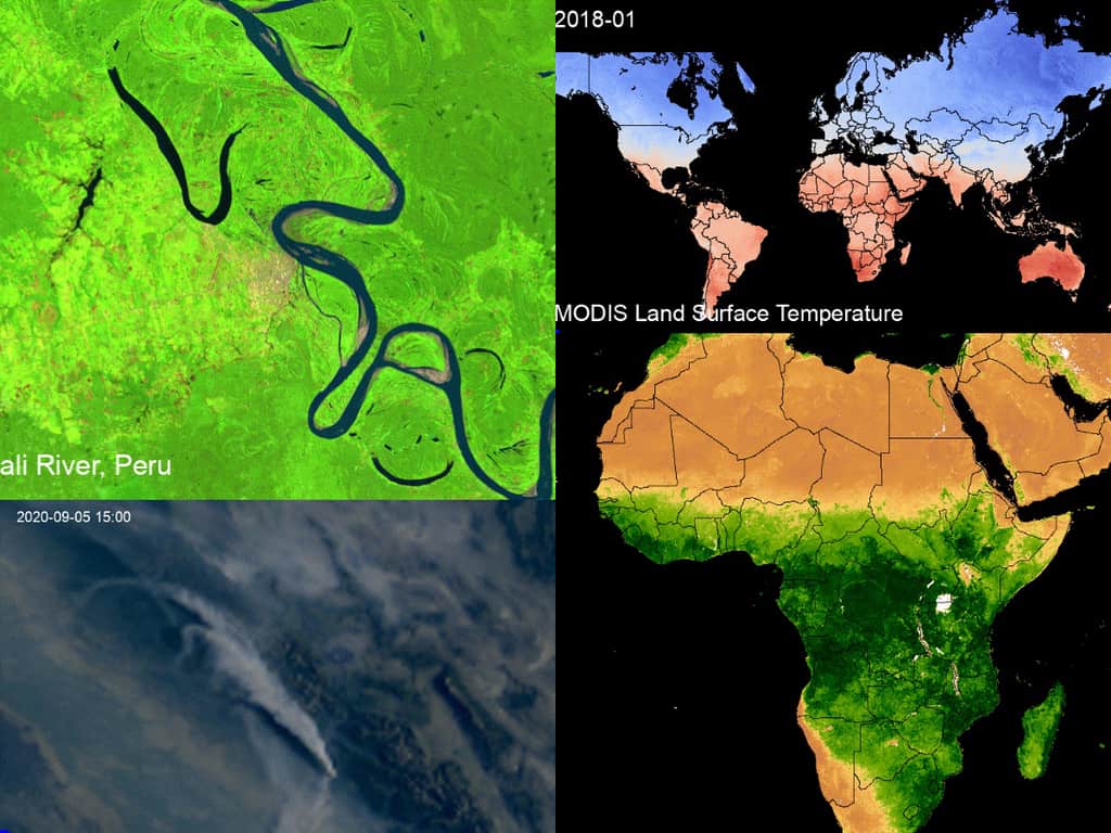 A collage of satellite imagery showing a river in Peru, global land surface temperatures, a cyclone over the Pacific Ocean, and vegetation across Africa.