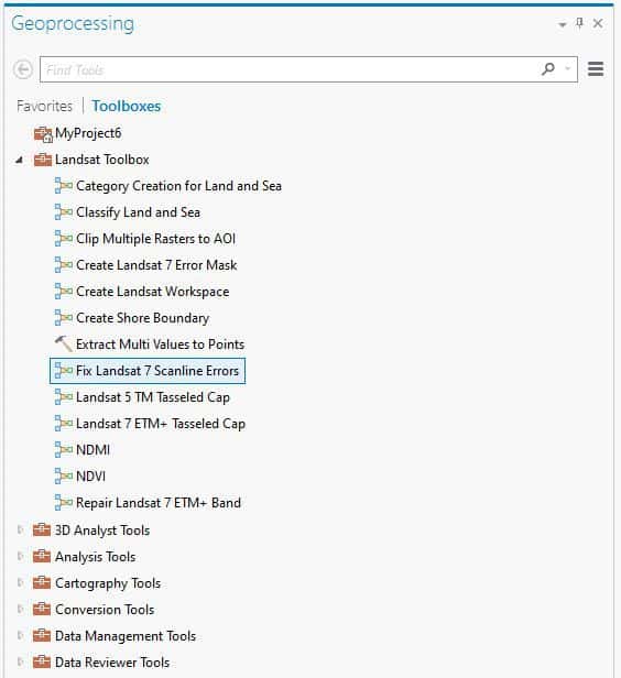 Screenshot showing the location of the "Fix scaline Landsat errors" toolbox in ArcGIS Pro.