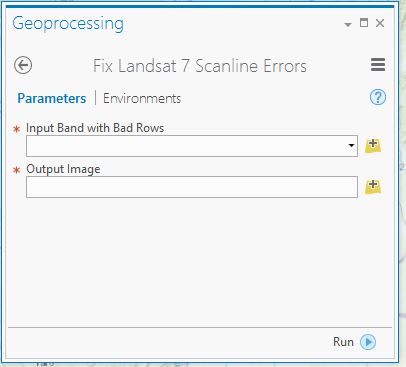 Screenshot showing the " Fix Landsat 7 Scanline Errors" GUI in ArcGIS Pro.