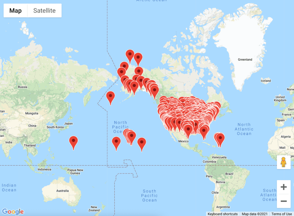 Screenshot showing the mapped locations of US airport on top of Google Maps.