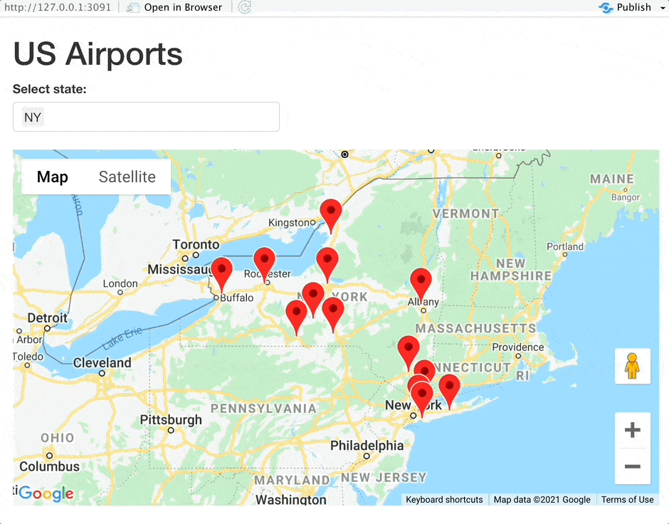 A gif showing the interactive Google Maps set up for locating US airports.