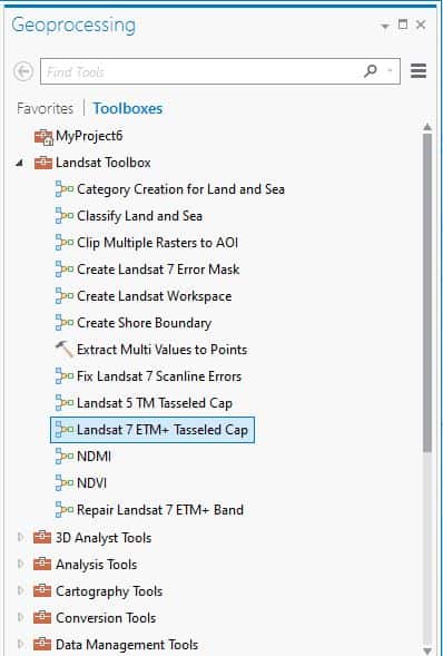Screenshot showing the location of the Landsat Tasseled Cap toolbox in ArcGIS Pro.
