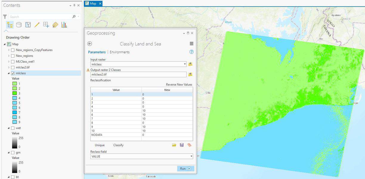 Map showing the results of classifying Landsat data as either land or sea in ArcGIS Pro.