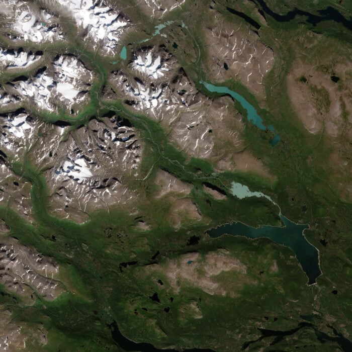 Satellite image of glaciers and bogs in northern Sweden.