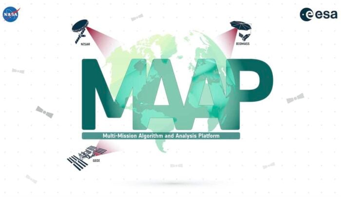 Logo showing small satellites representing earth observation data for the joint NASA and ESA collaboration called MAAP.