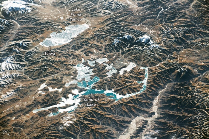 A view from the International Space Station showing frozen glacial lakes in the Tibetan Plateau.