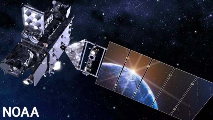 An artistic rendering of a weather satellite in space.