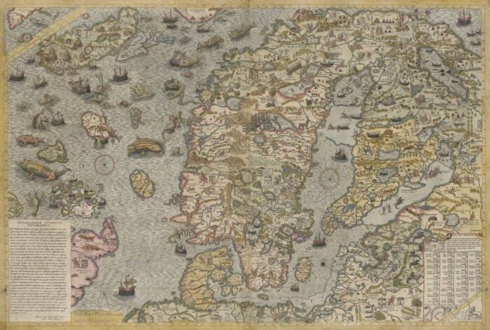 A 16th century map of the Scandinavian peninsula with ships and sea creatures in the water.