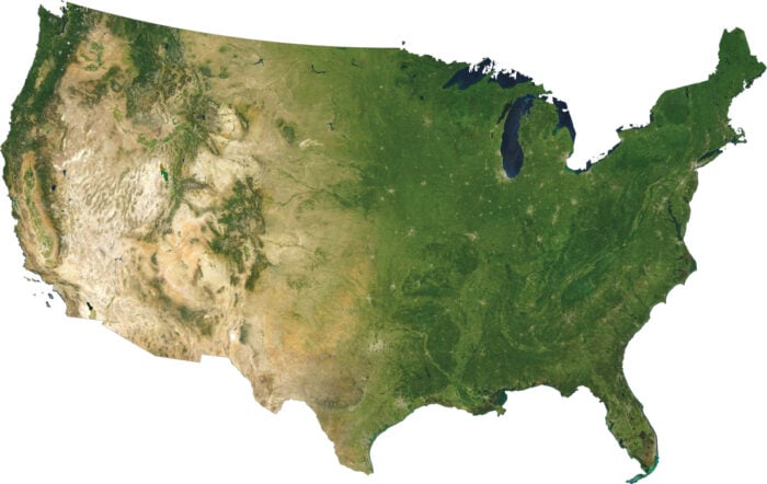 A composite satellite imagery map of the United States.