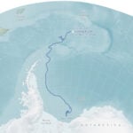 A soft color map showing the Antarctica ocean region and the path of an iceberg over time.
